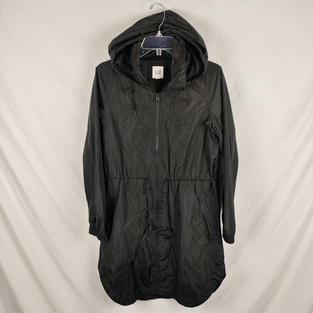 Gap Coat Womens Small Black Hooded Taffeta Rain Full Zip Elastic Waist Pockets